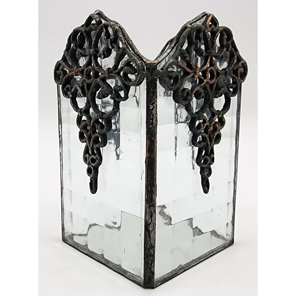 Vintage Brass & Textured Glass Votive Candle Holder w/ Mirrored Base – 6.5" Tall